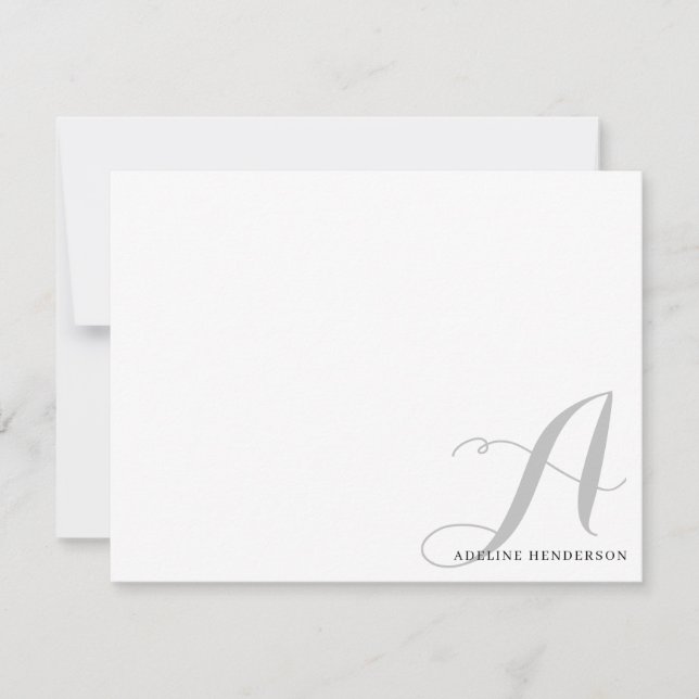 Minimalist Black Gray Initial Monogrammed Script Note Card (Front)