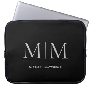 Minimalist Black Gray Masculine Monogram Name Laptop Sleeve