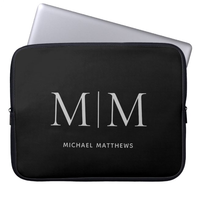 Minimalist Black Gray Masculine Monogram Name Laptop Sleeve (Front)