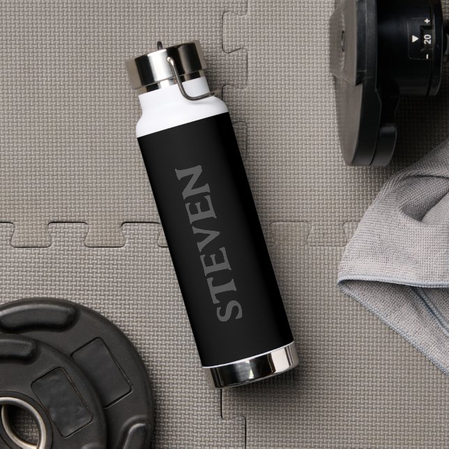 Minimalist Black Grey Personalized Mens Water Bottle (Gym)