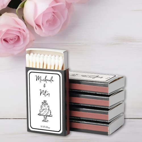 Minimalist Black Hand Drawn Cake Wedding Matchboxes