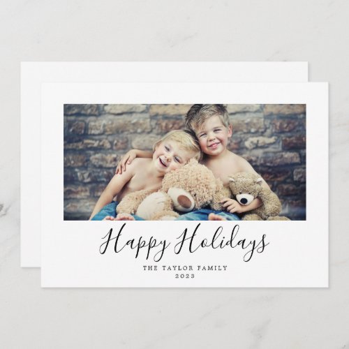 Minimalist Black Happy Holidays Horizontal Photo Holiday Card