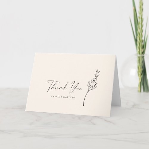Minimalist Black Ink Floral Wedding Script Custom Thank You Card
