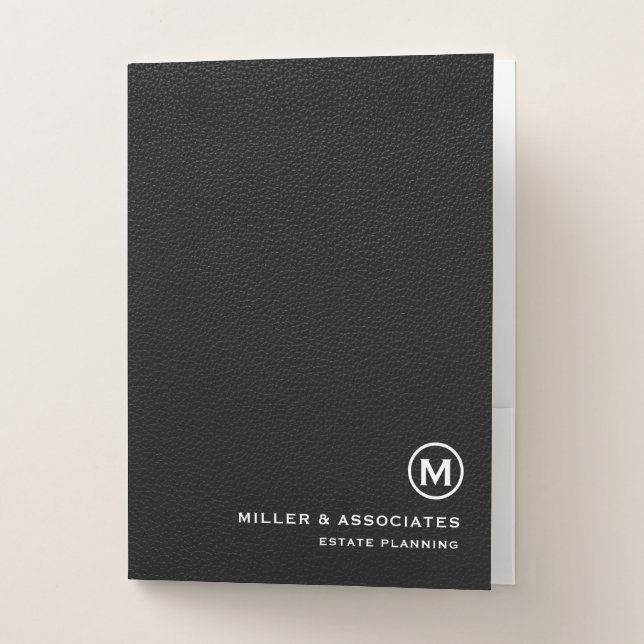 Minimalist Black Leather Initial Logo Pocket Folder (Front)