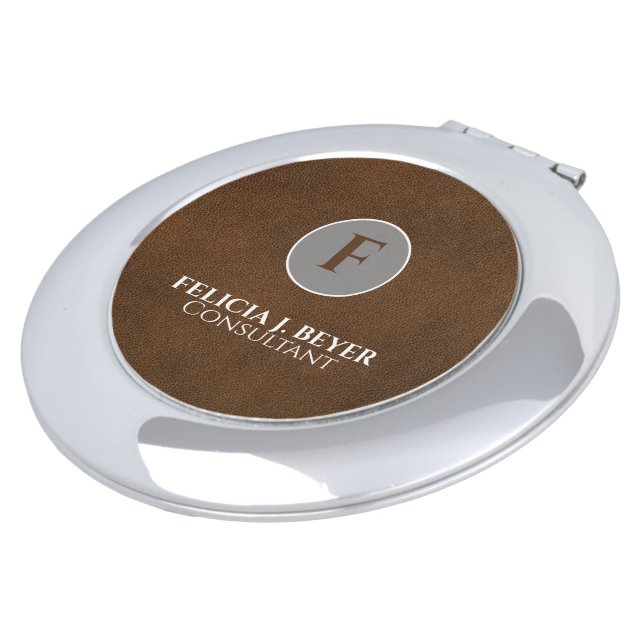 Minimalist Black Leather Name Compact Mirror (Turned)