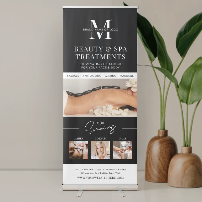 Minimalist Black Logo Photo Collage Spa Lash Salon Retractable Banner (Minimalist photo collage salon or spa marketing pull up banner with fully editable colors and logo)
