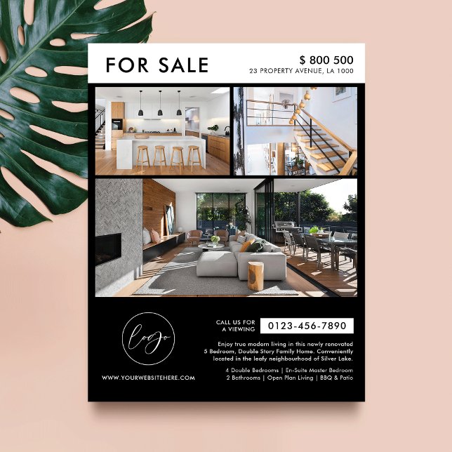 Minimalist Black Logo Photos Property For Sale Flyer (Minimalist black and white property for sale marketing flyer with photos and your contact details)