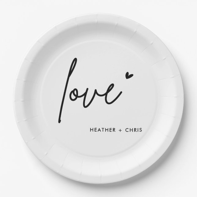Minimalist Black Love Wedding Engagement Party Paper Plates (Front)