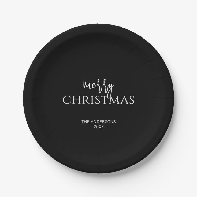 Minimalist Black Merry Christmas Holiday Paper Plates (Front)