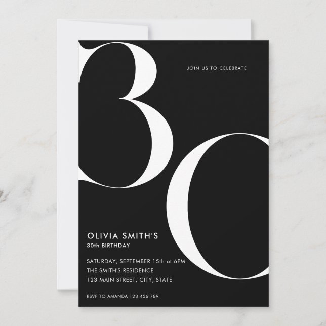 Minimalist Black Modern Chic 30th Birthday Invitation (Front)