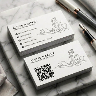 Minimalist Black Modern Line Art Woman QR Code Business Card