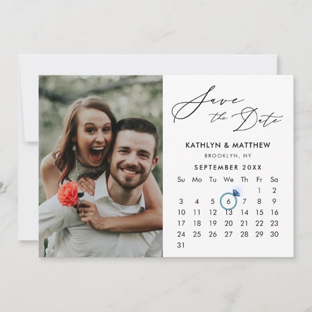 Minimalist Black Modern Script Photo Calendar Save The Date (Front)