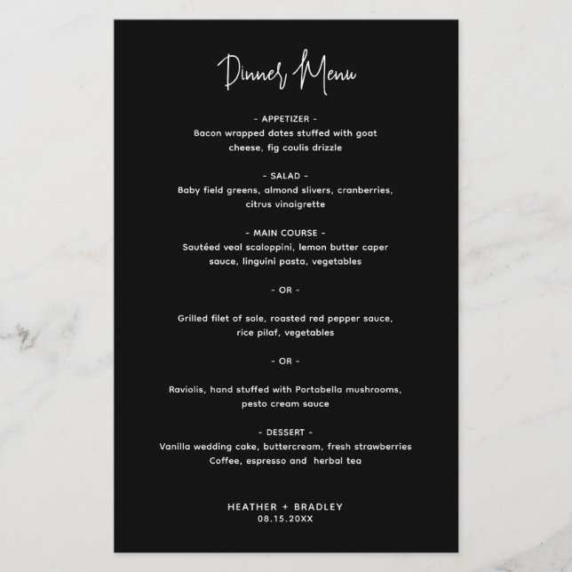 Minimalist Black Modern Wedding Menu (Front)