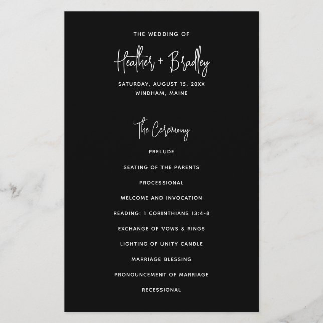 Minimalist Black Modern Wedding Program (Front)