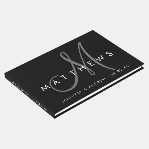 Minimalist Black Modern with Gray Monogram Wedding Guest Book