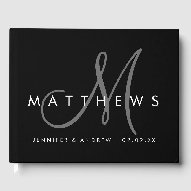 Minimalist Black Modern with Gray Monogram Wedding Guest Book (Front)