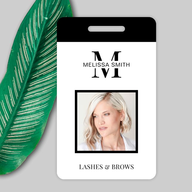Minimalist Black Monogram Photo Beauty Salon ID Badge (Minimalist black and white name ID badge with photo, great for beauty salons, office or your shop)
