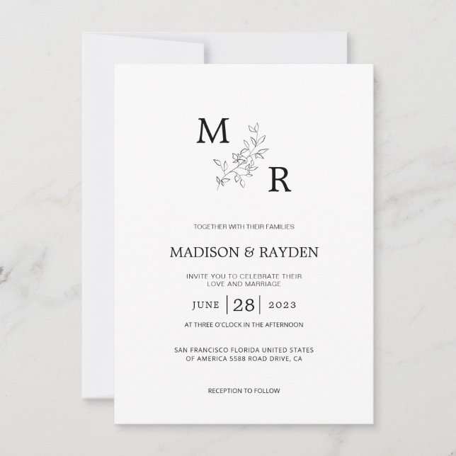 Minimalist Black Monogram with leaves Wedding Invitation (Front)