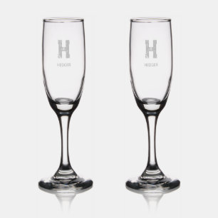 MINIMALIST BLACK ONE LETTER MONOGRAM NAME CLEAR CHAMPAGNE FLUTE