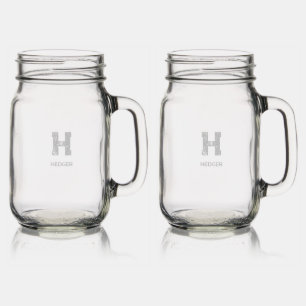 MINIMALIST BLACK ONE LETTER MONOGRAM NAME CLEAR MASON JAR W/ HANDLE