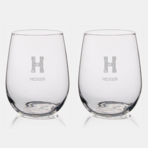 MINIMALIST BLACK ONE LETTER MONOGRAM NAME CLEAR STEMLESS WINE GLASS