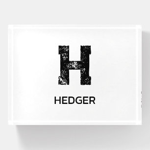 MINIMALIST BLACK ONE LETTER MONOGRAM NAME GLASS PAPERWEIGHT