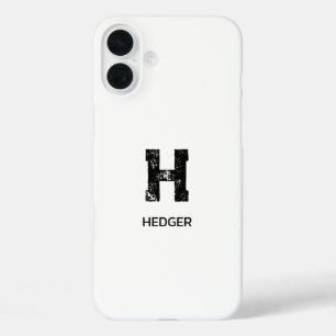 MINIMALIST BLACK ONE LETTER MONOGRAM NAME WHITE iPhone 16 PLUS CASE