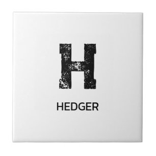 MINIMALIST BLACK ONE LETTER MONOGRAM NAME WHITE CERAMIC TILE