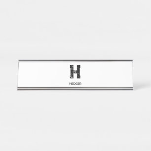MINIMALIST BLACK ONE LETTER MONOGRAM NAME WHITE DESK NAME PLATE