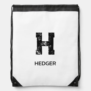 MINIMALIST BLACK ONE LETTER MONOGRAM NAME WHITE DRAWSTRING BAG