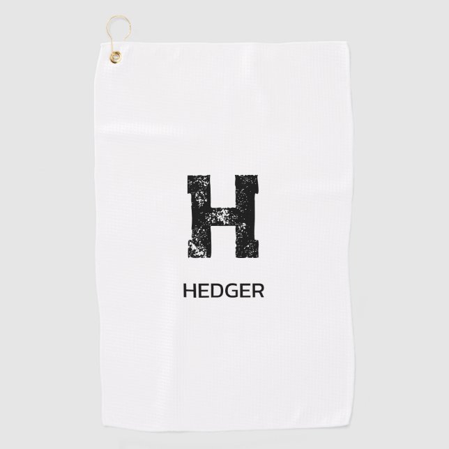 MINIMALIST BLACK ONE LETTER MONOGRAM NAME WHITE GOLF TOWEL (Front)