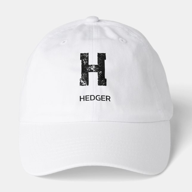 MINIMALIST BLACK ONE LETTER MONOGRAM NAME WHITE HAT (Front)