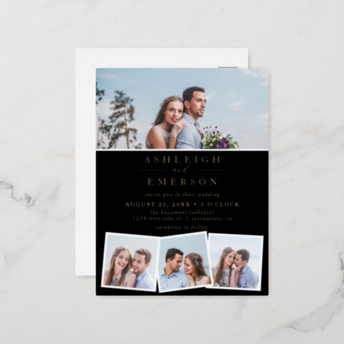 Minimalist Black Photo Collage Wedding Foil Invitation Postcard