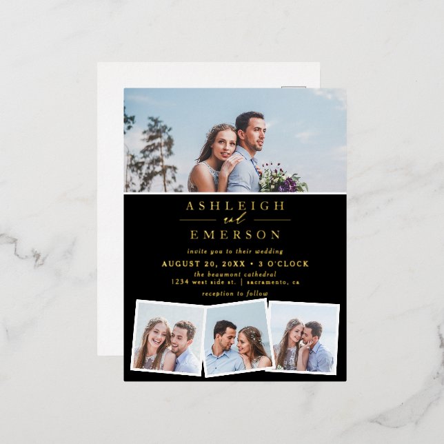 Minimalist Black Photo Collage Wedding Foil Invitation Postcard (Front/Back)