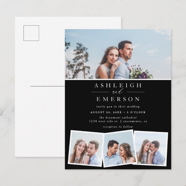Minimalist Black Photo Collage Wedding Invitation Postcard (Front/Back)