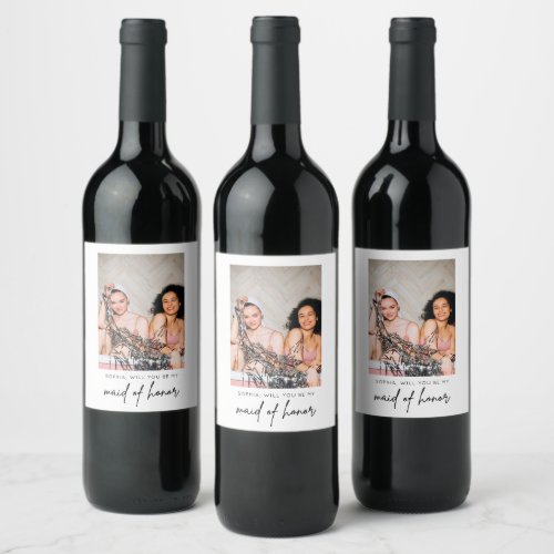 Minimalist  Black Photo Maid of Honor Proposal Wine Label