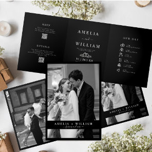 Minimalist black Photo QR Code RSVP wedding Tri-Fold Invitation