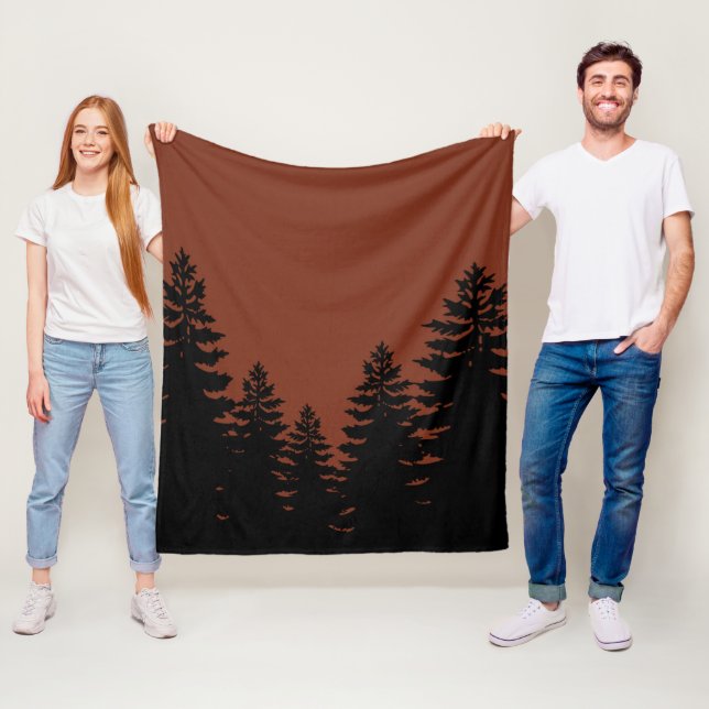 Minimalist black  pine tree silhouette brown fleece blanket (In Situ)