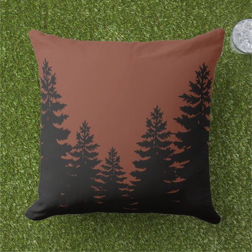 Minimalist black  pine tree silhouette brown outdoor pillow