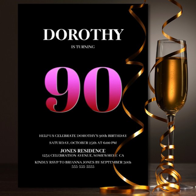 Minimalist Black Pink 90th Birthday Party Invitation (Creator Uploaded)