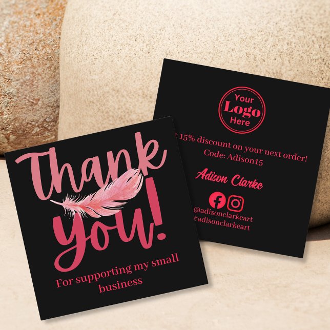 Minimalist Black Pink Feather Thank You Branding  Square Business Card (Creator Uploaded)