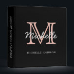 Minimalist Black Pink White Monogram Professional 3 Ring Binder<br><div class="desc">Modern, minimalist black and blush pink personalized name monogrammed binder. It features a monogram initial in serif style font and pretty handwritten first name text template in pink, white color on black background. Great personalized gift for back to school, professional work, home office, and recipe binder. If you need help...</div>