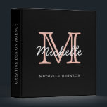 Minimalist Black Pink White Monogram Professional 3 Ring Binder<br><div class="desc">Modern, minimalist black and blush pink personalized name monogrammed binder. It features a monogram initial in serif style font and pretty handwritten first name text template in pink, white color on black background. Great personalized gift for back to school, professional work, home office, and recipe binder. If you need help...</div>