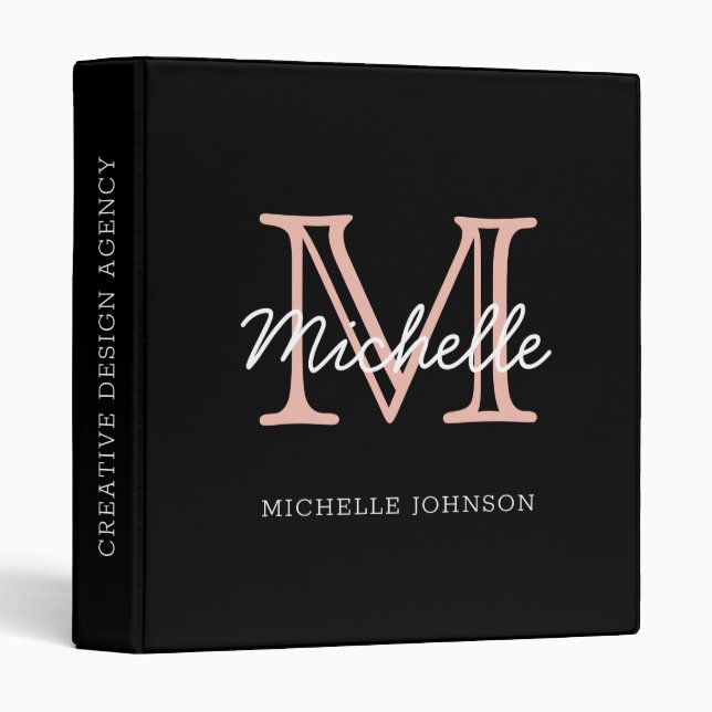 Minimalist Black Pink White Monogram Professional 3 Ring Binder (Front/Spine)