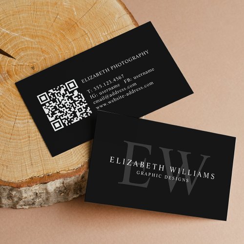 Minimalist Black Professional 2 Monogram QR Code Business Card