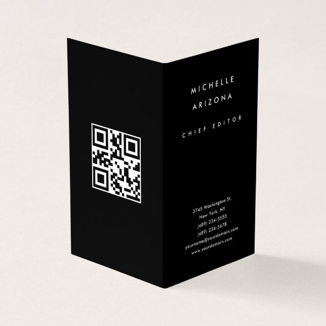 Minimalist Black Professional Scannable QR Code Business Card (Outside)