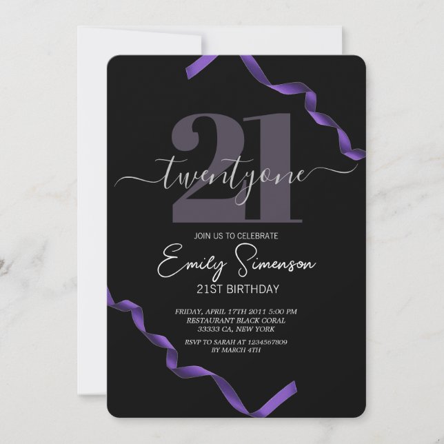 Minimalist Black Purple Strips 21st Birthday Party Invitation (Front)