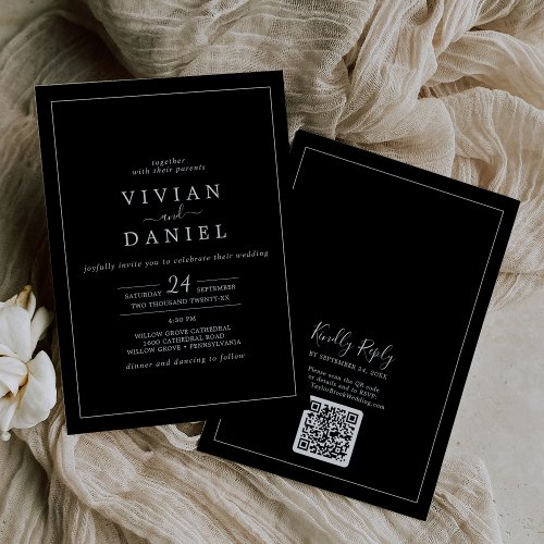 Minimalist  Black QR Code Back All In One Wedding Invitation