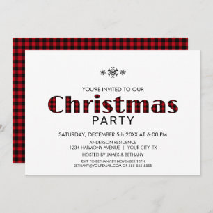 Minimalist Black Red Buffalo Plaid Christmas Party Invitation