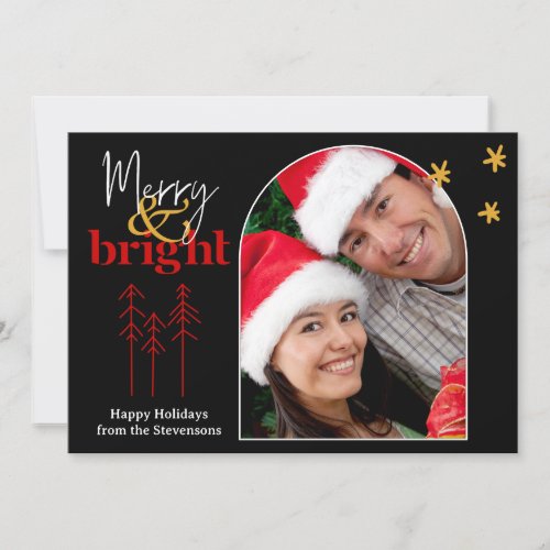 Minimalist Black Red Gold Photo Merry and Bright Holiday Card
